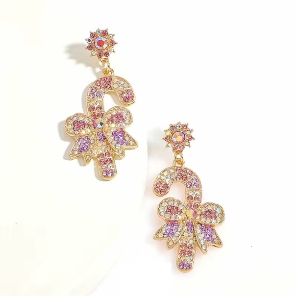 Christmas Pink & Lavender Candy Cane Design with Bow Decor Dangle Earrings NWOT - Picture 2 of 3